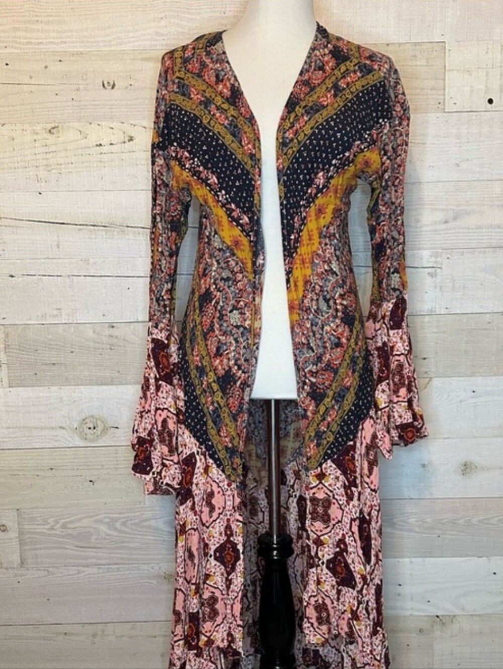 Umgee Bohemian Open-Front Cardigan - Pink, Navy & Mustard